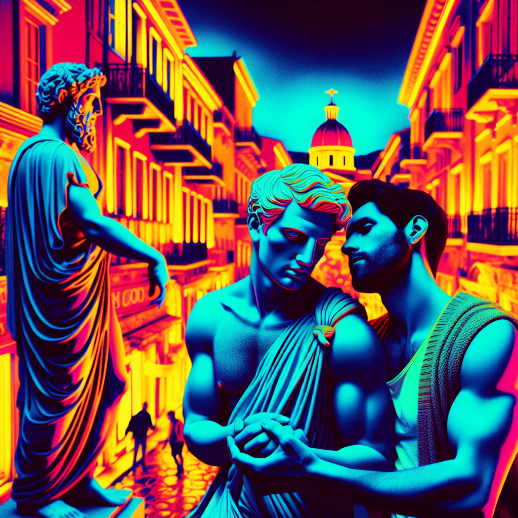 Exploring homosexuality and the culture of gay massage in Ancient Greece: two men embracing each other.