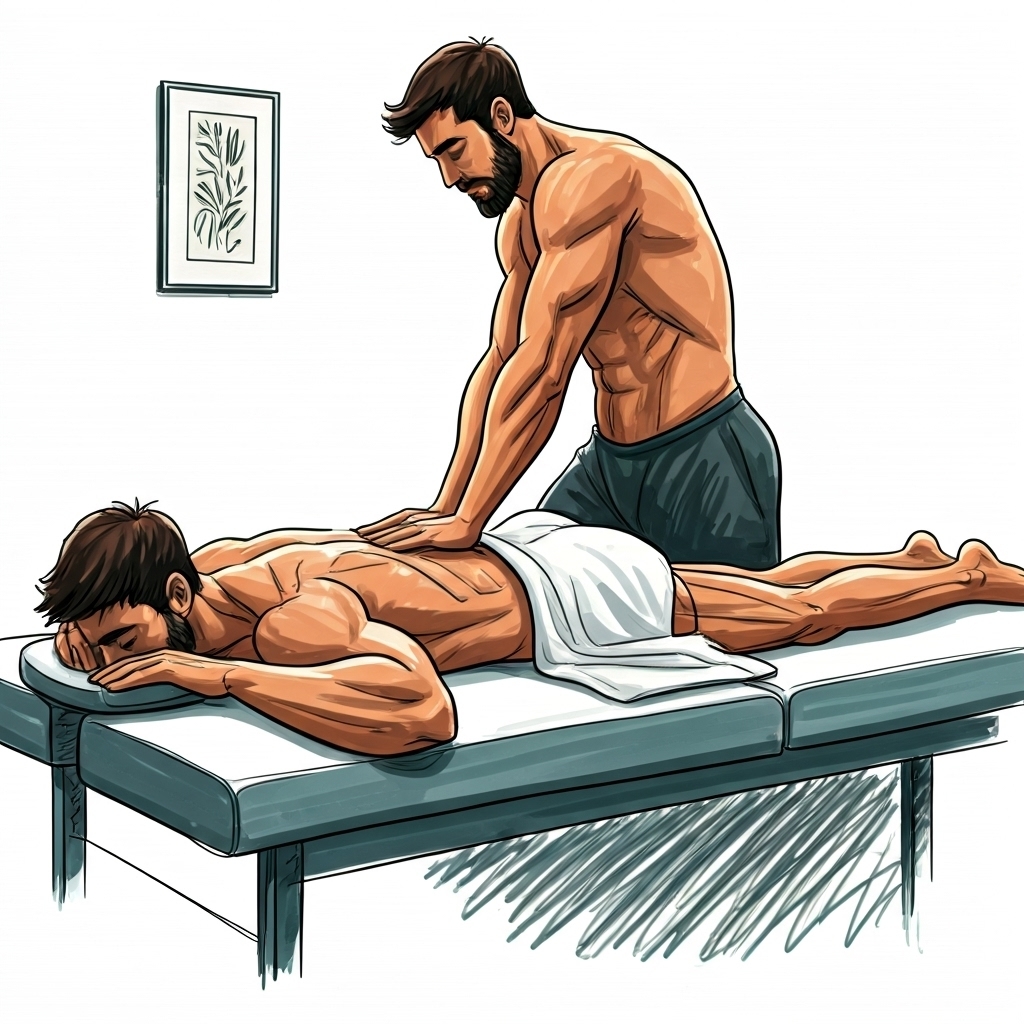 Cartoon illustration of a male massage therapist massaging his male client. Male Sexuality is Definitely Fluid: My Observations from 8 Years of Massage Practice.