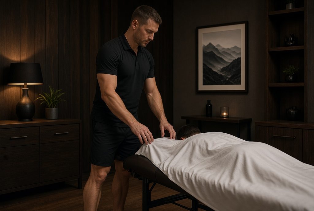 A male masseur stands at the head of his massage table about to massage his male client. Erotic massage concept. 