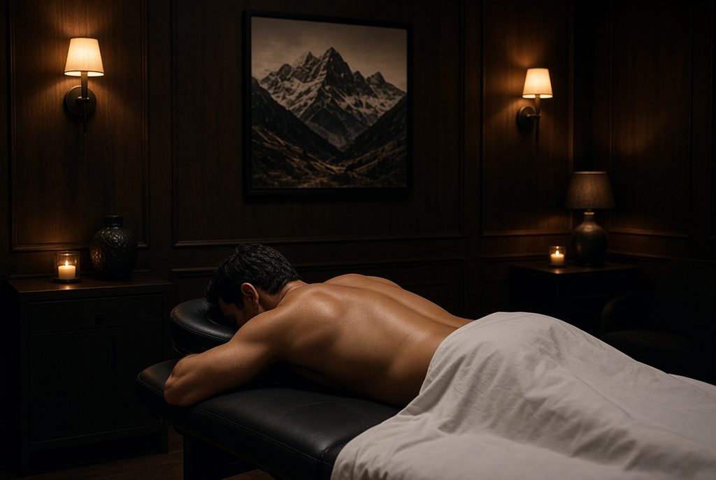 A dimly lit massage room with a man laying face down on a massage table awaiting his erotic massage. 